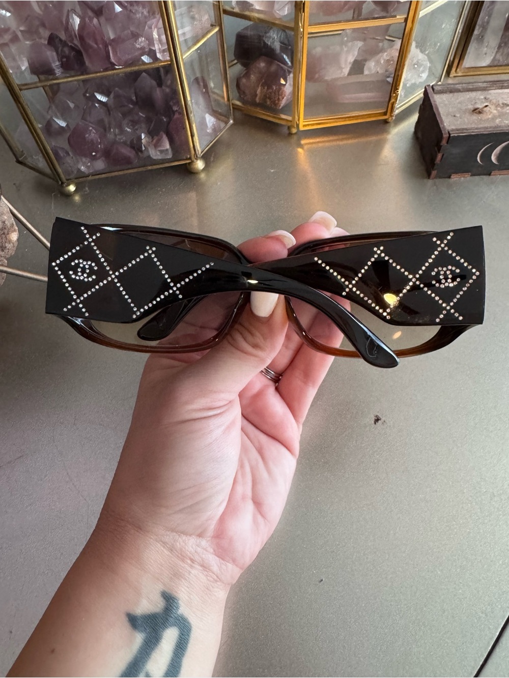CHANEL5080-B Brown Crystal-Accented Tortoise Sunglasses
